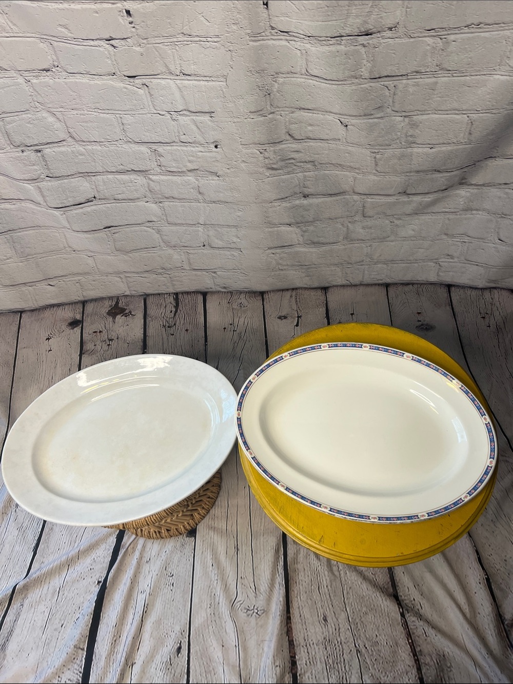 Vintage Oval Serving Platter Bundle Johnson Bros Floral & Plain White Ironstone